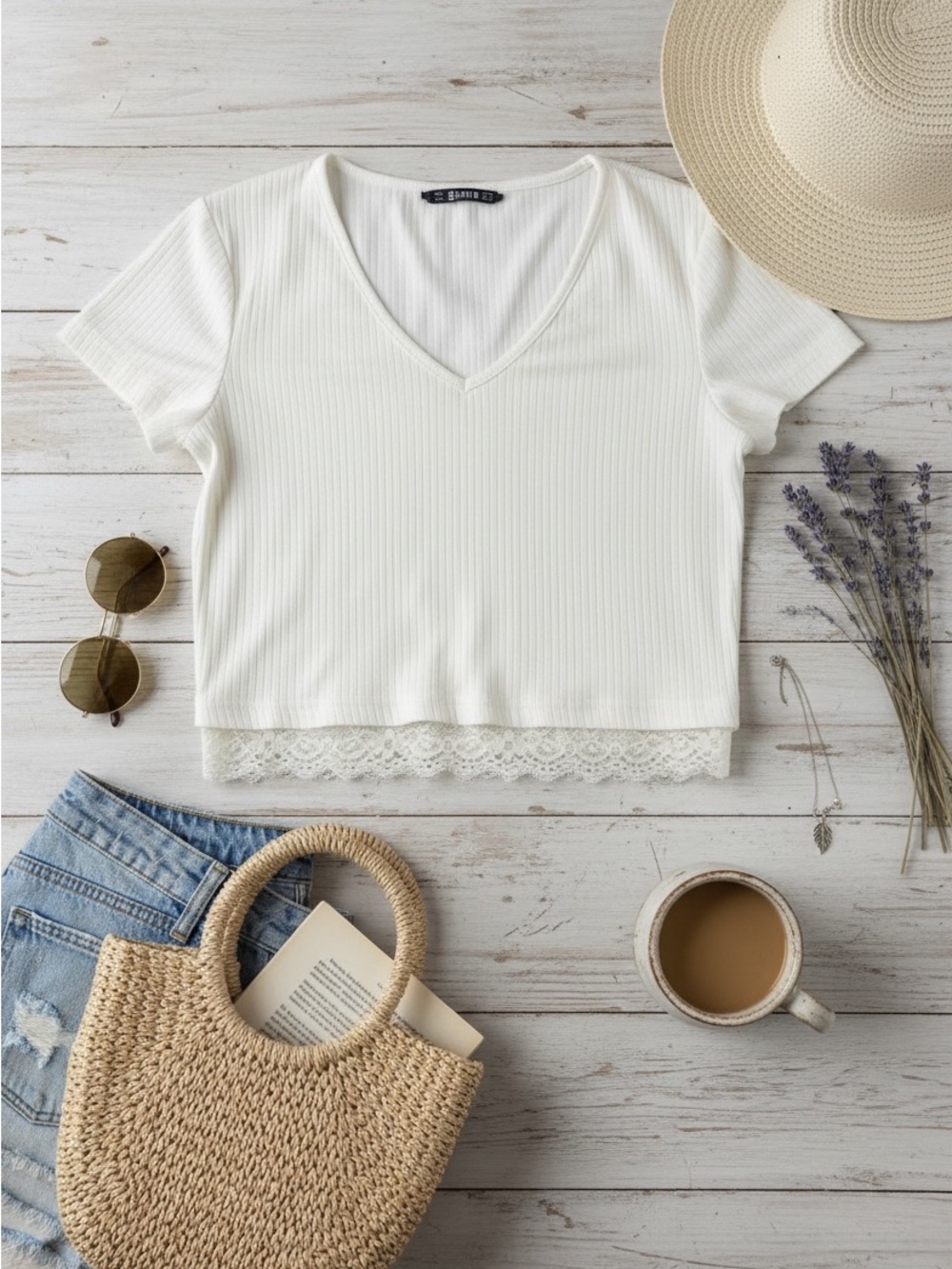 SHEIN White Ribbed V-Neck Lace-Hem Crop Top